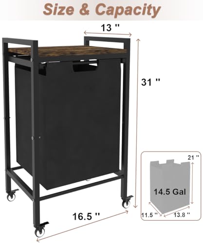 14.5 Gal Large Laundry Hamper with Wheels, Pull-Out & Removable Sorter Bags, Freestanding Clothes Basket Organizer for Clothing or Toys in Bathroom and Living Room, Rustic Brown and Black - size: 1 Section with wheels