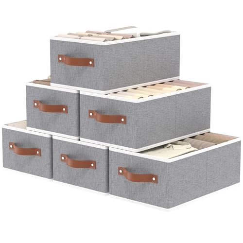 OUTBROS Foldable Bins With Handles, Fabric Storage Boxes, Foldable Bins With Handles, Wardrobe Baskets for Organizing, For bedrooms, living rooms, Shelves, White, 16.1 x 6.5 x 9.8 inch, 6-Pack - color: Grey, size: 16.1x6.5x9.8in(6-Pack）