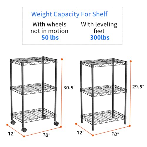 Golpart Small 3 Tier Shelves Storage Wire Shelving Unit Metal Shelf Adjustable Organizers Storage Shelving with Wheels for Bathroom Laundry Room Kitchen Pantry12”D x 18”W x 30.7”H Black - color: Black, size: 3 shelves (12 "D X 18 "W X 30.7 "H)