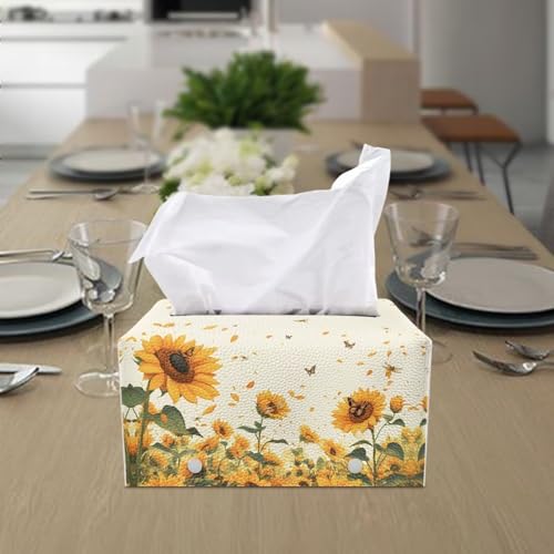 Pu Leather Tissue Box Cover Modern Snowflake Rectangular Tissue Box Tissue Box Cover Holder Rectangular Tissue Box for Bathroom Living Room Sunflower Print - color: Sunflower Print