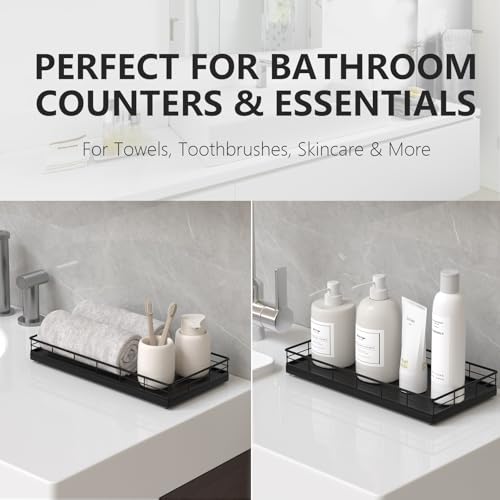 Toilet Paper Basket Organizer – Oak Wood Toilet Tank Tray with Metal Frame, Bathroom Counter Top Storage for Toilet Paper, Wipes & Decor, Modern Narrow Back of Tank Shelf Organizer, Black - color: Black, size: 13" x 6.5" x 2"