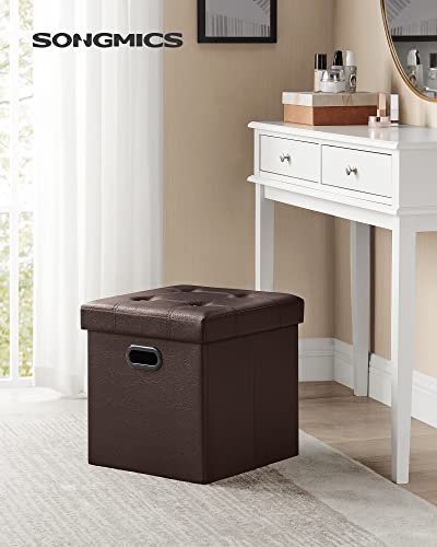 SONGMICS MAZIE Collection - 15 Inches Ottoman with Storage, Footstool, Storage Ottoman with Metal Grommet Handles, Load 660 lb, for Dorm, Living Room, Bedroom, Synthetic Leather, Brown ULSF30Z - color: Brown, size: 15"D x 15"W x 15"H