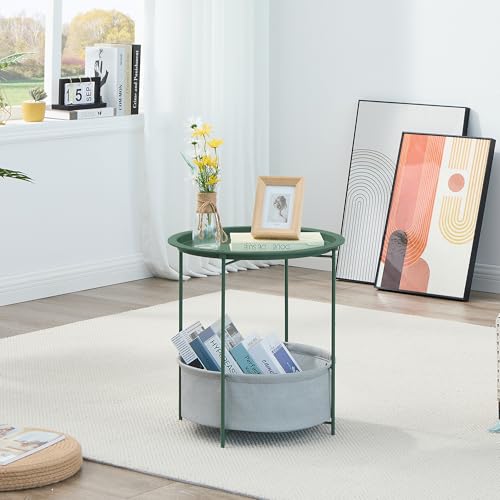 VECELO Round Side/End Table with Fabric Storage Basket，Metal Anti-Rust and Waterproof Small Bedside Nightstand with Removable Tray Top for Living Room，Balcony & Laundry，Dark Green /1pcs with Basket - color: Green, size: 1 PCS
