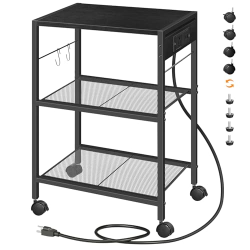 HOOBRO Industrial Printer Stand, 3-Tier Mobile Printer Table, Rolling Cart with Power Outlets and USB Ports, Home Printer Stand with 2 Hooks, for Office, Living Room, Black BB22UPS01 - color: Black