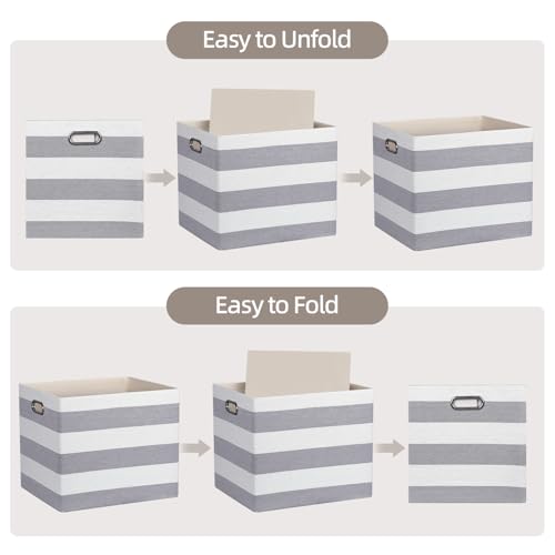 13x15x13 Storage Cube Bins, Foldable Storage Cubes, Fabric Organizer Basket Bin, Striped Containers Decorative Storage Boxes for Shelves Wardrobe Closet Home Office, 4 Pack, Gray/White - color: Gray/White