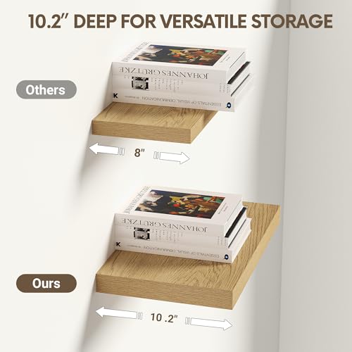 Vivelove 10" Deep Floating Shelves Over Toilet, 10.2" Wall Shelves for Bathroom Bedroom Kitchen Living Room Laundry Room, Modern Rustic Shelves for Home Decor, 10.2"x10.2"x1.5", Set of 2, Oak - color: Oak, size: 10.2”Wx10.2”Dx1.5”H