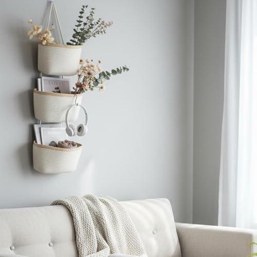 TeoKJ Over the Door Hanging Basket, 3-Tier Woven Cotton Wall-Mounted Storage Organizer Bag Decorative Hanging Nursery Baskets, White & Light Brown - color: White & Light Brown