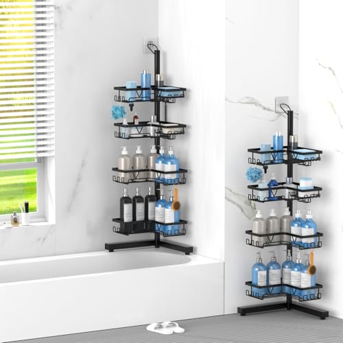 KEGII Floor Shower Caddy Standing – 4-Tier Corner Shower Organizer with Hooks & Soap Holder, Free-Standing Bathroom Storage Rack for Shampoo & Toiletries, Black - style: Floor Caddy - Black