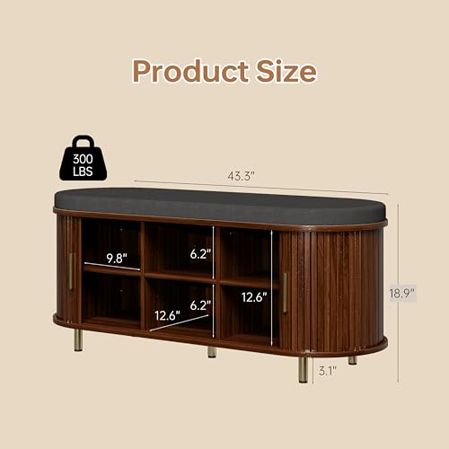 DHH 2-Tier Storage Bench,Wide Shoe Bench with Thickened Padded Seat Cushion, Mid Century Modern Fluted Sliding Door and Adjustable Shelf, for Entryway, Living Room, Bedroom (Walnut, 43.3“) - color: Walnut, size: 43.3 inch