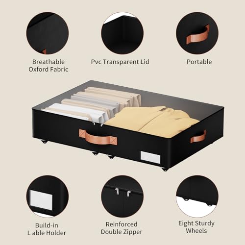 Underbed Storage With Wheels,low profile 5.5 inches Height Storage Bins,Rolling Underbed Shoe Storage Containers,Underbed Storage Drawers for clothes & blankets - color: black, size: 5.5inch height