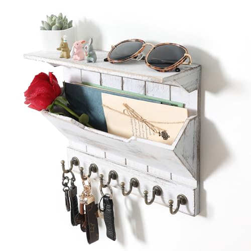 DOPACE Key and Mail Holder for Wall, Mail and Key Holder, Mail Organizer Wall Mounted with 6 Key Hooks, White