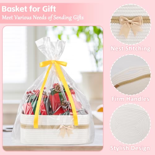 OIAHOMY Large Woven Storage Basket with Handles for Nursery Living Room Shelves, Bow Basket for Gifts Empty with Gift Bags and Ribbons for Baby Showers Pet Toy Bin - White - color: White
