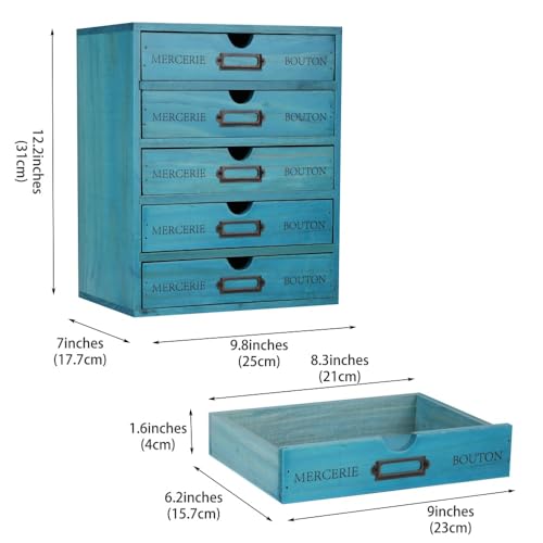 Wooden Storage Box with 5 Drawers Apothecary Drawers Vintage Wooden Drawers Wood Desktop Organizer with Drawer Library Card Catalog Cabinet Apothecary Cabinet （BLUE） - color: BLUE05