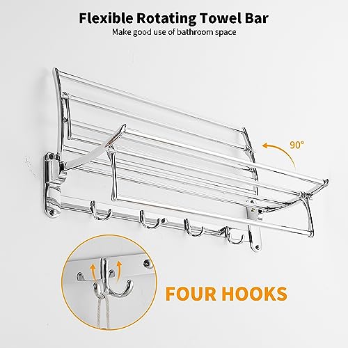 BESy 24 Inch Polished Chrome Towel Racks, Bathroom Towel Shelf with Foldable Towel Bar Holder and Towel Hooks, Wall Mounted Multifunctional Bathroom Accessories, Double Towel Bars - color: Chrome