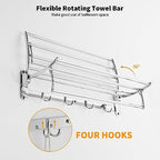 BESy 24 Inch Polished Chrome Towel Racks, Bathroom Towel Shelf with Foldable Towel Bar Holder and Towel Hooks, Wall Mounted Multifunctional Bathroom Accessories, Double Towel Bars - color: Chrome