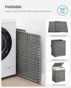 SONGMICS Laundry Hamper with Lid, 23.8 Gallon (90 L) Synthetic Rattan Clothes Laundry Basket with Lid and Handles, Foldable, Removable Liner, Dove Gray ULCB51WG - color: Dove Gray, size: 90 L