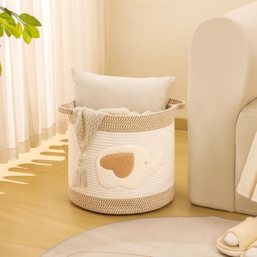 Large Blanket Baskets for Living Room Decor, Toy Storage Baskets Woven Cotton Rope Storage Basket for Kids, Dog Toys Organizer Clothes Hamper with Embroidery Decor for NurseryLaundry (Large, Elephant) - color: Elephant, size: Large