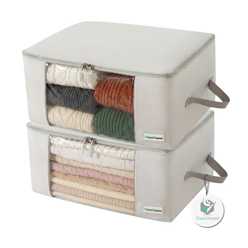 2 Pack Clothing Storage Bags Clothes Organizer folding fabric bags for sweaters, clothing, garment, bedding, quilt, linens, large folding organizers with zip & window, mothproof underbed space savers - color: Grey