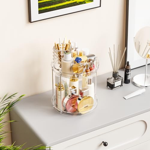 Yieach Clear 360 Rotating Bathroom Counter Organizer,2 Tier Spinning Perfume Organizer and Makeup Tower for Lotion,Hair,Face Skincare Beauty Products,Tiered Lazy Susan and Makeup Organizers for Vanity - style: Round
