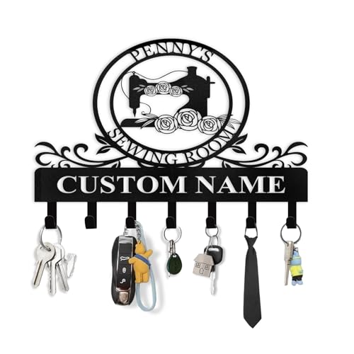 Personalized Key Holder Wall Mount - Custom Sewing Machine Design Key Hanger for Wall Art Decor, Metal Coat Rack Organizer with Hooks, Key Hanger for Bedroom Entryway Hallway, Personalized Gift - color: Color03 Sewing Machine