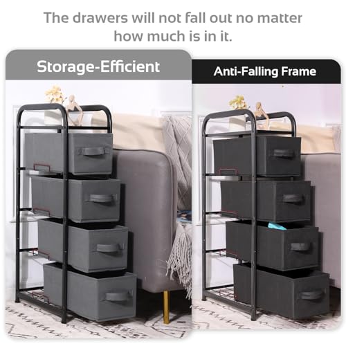 MAX Houser 4 Drawer Narrow Dresser Fabric Storage Tower Vertical Slim Storage Chest Organizer Nightstand Side/End Table Small Standing Organizer Removable Drawers Wood Top for Bedroom, Bathroom（Black) - color: Black4