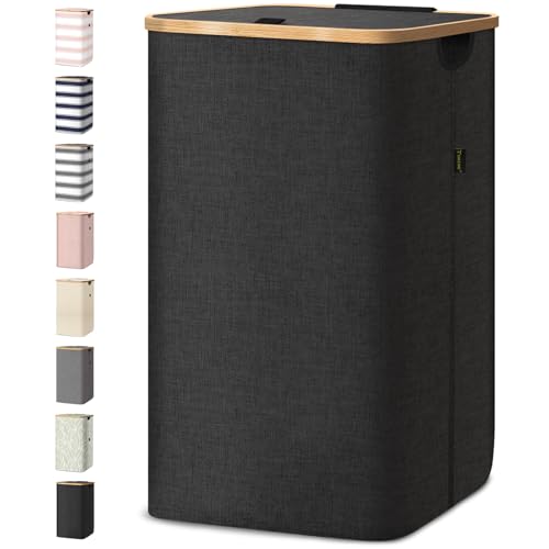 BALEINE Laundry Hamper with Lid, Tall Laundry Baskets with Bamboo Pull Handles, Large Laundry Bin with Internal Support (18 Gal/70L, Black) - color: Black, size: 70 liters