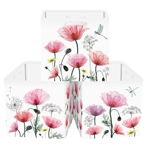 Clastyle Flowers Storage Cube Organizer Set Handle Closet Clothes Cube with Metal Frame Foldable Parents Organizer Storage Basket for Book Toy,Red Poppy,11.8x11.8x11.8 in - color: Red Poppy