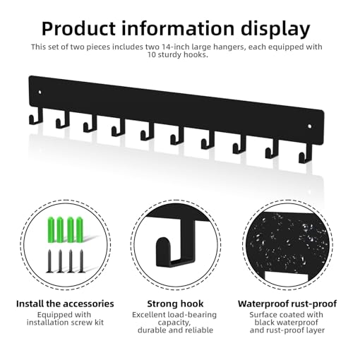 Key Holder Wall Mount,14in with 10 Hooks,Black Metal Key Hanger for Car Key Ring,Suitable for Entrances/Door/Living Rooms/Kitchen/Offices（2 Sets）
