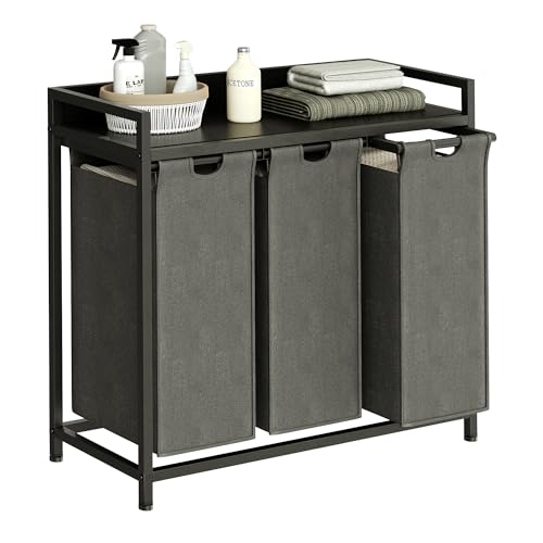 Herture Laundry Hamper with Shelf, Laundry Basket 3 Section, Laundry Sorter with Pull-Out Removable Large Bags and Movable Wheels, Metal Frame, 3 x 15.87 Gallons (60L), Black and Gray PF04XLC - color: Black + Gray, size: 3 Bags-180 L