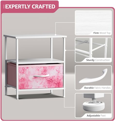 Sorbus 1 Drawer Shelf Storage Nightstand - Kids Bedside Furniture End Table Night Stand with Steel Frame Wood Top & Easy Pull Fabric Bins. Dresser & Chest for Home Bedroom Accessories Office & College - color: Tie-dye Pink, style: 1 Drawer