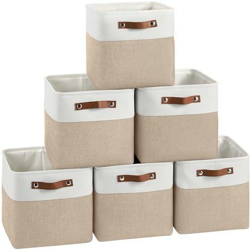 FinishingBo Cube Storage Baskets 6 Pack, 11x11 inch Cube Storage Bins with Leather Handles for Shelf Closet (White/ Khaki) - color: White/ Khaki