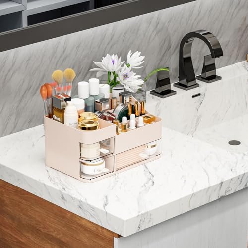 SuoXing Pink Makeup Organizer for Vanity,Large Plastic Skincare Organizers With Drawers,Bathroom Counter Organizer Cosmetic Storage for Dresser Top Skin Care,Lotion,Beauty Products and Brush Holder - color: Pink