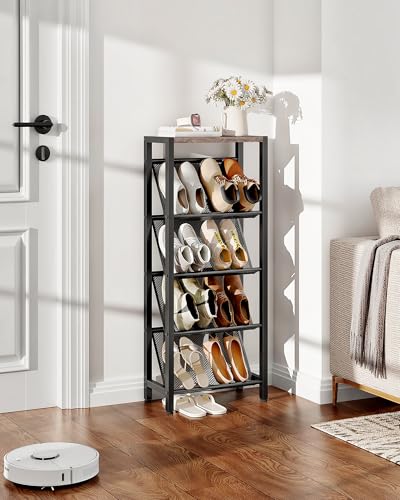 CHOEZON Shoe Rack, 5-Tier Slanted Shoe Rack, Narrow Shoe Storage Shelf, Slim Shoe Organizer for Entryway, Space-Saving, Wooden Top and Metal Frame, for Entryway, Hallway, Greige and Black TXJ03BG - color: Greige, Black