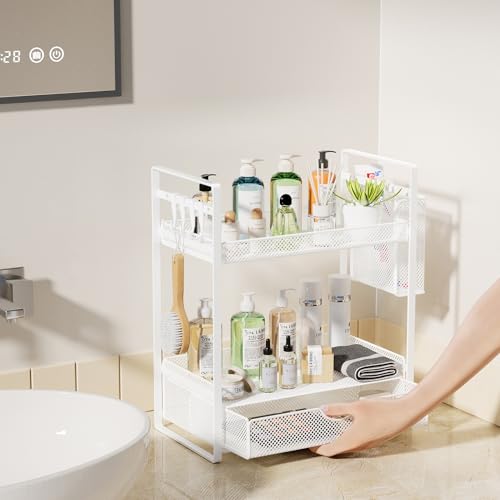 VITVITI 2 Tier Bathroom Organizer Countertop with Drawer, Metal Mesh Bathroom Counter Vanity Organizer Storage, Bath Room Shelf Sink Kitchen Spice Rack with Basket Hooks, White - color: White