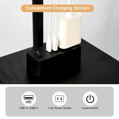 Qupui Floor Lamp with Table, Narrow Side Table with USB-A/USB-C Charging Station and AC Port, 3 Color Temperatures 12W LED Bulb, End Table for Bedroom, Living Room and Home Office, Black - color: Black