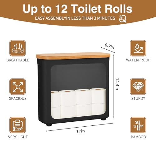 Toilet Paper Storage with Bamboo Lid,Foldable Basket Organizer for Bathroom, Holds 9 Mega/12 Regular Rolls, Waterproof Toilet Paper Holder Storage with Non-Slip Base,Black - color: Black