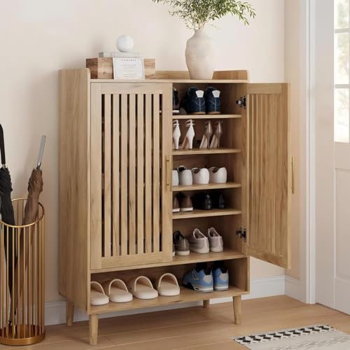 Smart FENDEE 6-Tier Shoe Storage Cabinet with 2 Slatted Doors, Large Wooden Shoe Cabinet with Gold Handle, Hidden Entryway Shoe Organizer for Hallway, Foyer, Natural Oak - color: Natural Oak, size: 44" H