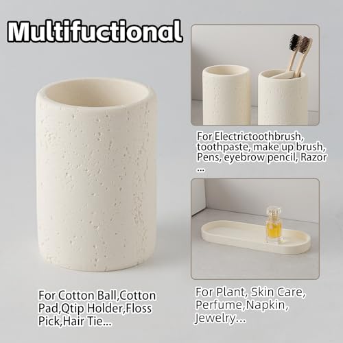 Bathroom Accessories Set, 4 Piece Travertine Stone Look Collection, Modern Bath Organizer with Soap Dispenser, Toothbrush Holder, Tumbler, Vanity Tray for Countertop Kitchen Sink (Off White) - color: Off White