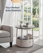 SONGMICS HOME Small Side Table, Round End Table, 2 Tier Nightstand with Basket, U Shaped Steel Legs, Easy Assembly, for Living Room, Bedroom, Gray and White - color: Gray + White, size: 1 pack