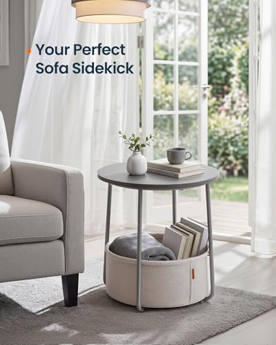 SONGMICS HOME Small Side Table, Round End Table, 2 Tier Nightstand with Basket, U Shaped Steel Legs, Easy Assembly, for Living Room, Bedroom, Gray and White - color: Gray + White, size: 1 pack