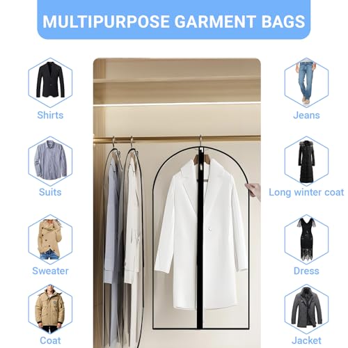 All Clear Garment Bags for Hanging Clothes, 55" (Set of 6) Dress Bags for Gowns Long, Plastic Dustproof Dress Garment Bag, Long Dress Bag with Zipper for gown, winter long coats, dance costume - color: Black-All Clear, size: 24''X55''-6P