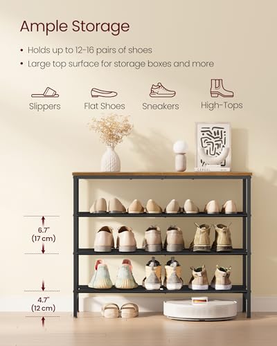 VASAGLE Shoe Rack, Shoe Storage Rack for Closet, Entryway, Living Room, Free Standing Metal Organizer Shelf, 4 Tiers, 11.8 x 29.5 x 27.2 Inches, for 12–16 Pairs, Rustic Brown and Ink Black ULBS049KD01 - size: 4 Tiers (29.5"W)