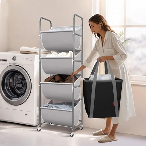 STORAGE MANIAC Vertical Rolling Laundry Hamper, 4 Section Laundry Sorter with Wheels and 2 Breaks, 4-tier Laundry Baskets for Small Space, Dorm, Laundry Room, Closet, Bathroom, Gray 4-tier - color: Gray, size: 4 Tier