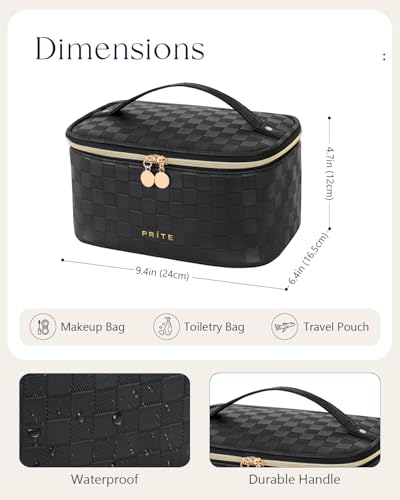 Prite Makeup Bag, Large Capacity Portable Travel Cosmetic Bag, Waterproof Makeup Organizer for Women with Handle and Divider (001 Checkered Black) - color: 001 Checkered Black