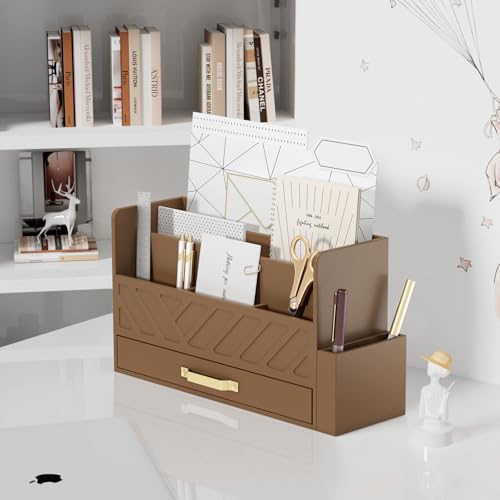 WISUCART Bamboo Desk Organizer Mail Holder Countertop Wood Desk Drawer Tabletop Storage Box Pen Holder Letter Sorter Makeup Organizer for School Home Office Supplies with Pen Holder Brown - color: Brown with Pen Holder