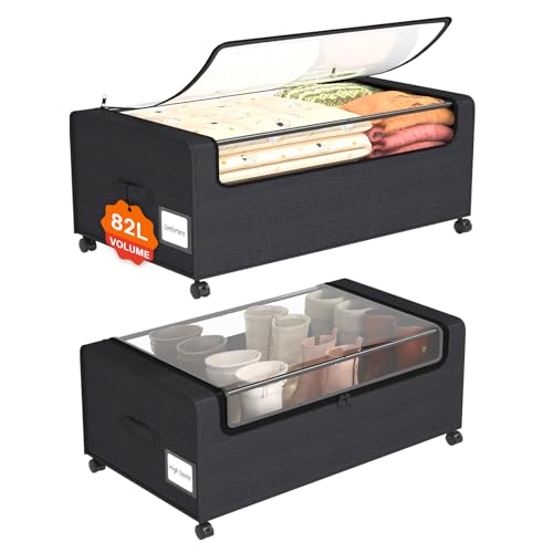 Webetop Under Bed Storage Containers with Wheels,12 inch Under the Bed Storage Bins with Clear Lid for Underneath Small Spaces Dorms, Blankets (2 Pack, 30.7"x17.3"x12") - color: Black, size: 12 inch height