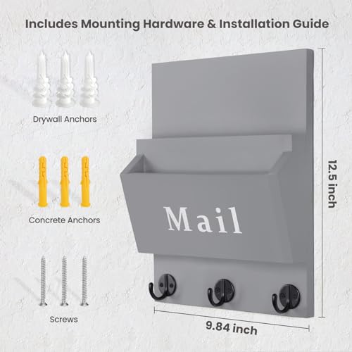 Mail and Key Holder - Decorative 9.8" x 12.5" Wall Key Hanger with 2 Mail Organizer Slots and 3 Hooks - Real Paulownia Wood with Keyhole Brackets, Hardware and Instructions (Gray) - color: Gray