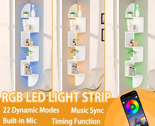 Waipfaru Corner Shelf, 5 Tier Bookshelf with LED Light, Corner Shelf Wall Mounted, Floating Shelves for Wall, Display Stand for Bedroom, Living Room, Bathroom, Home, Office, White - color: White