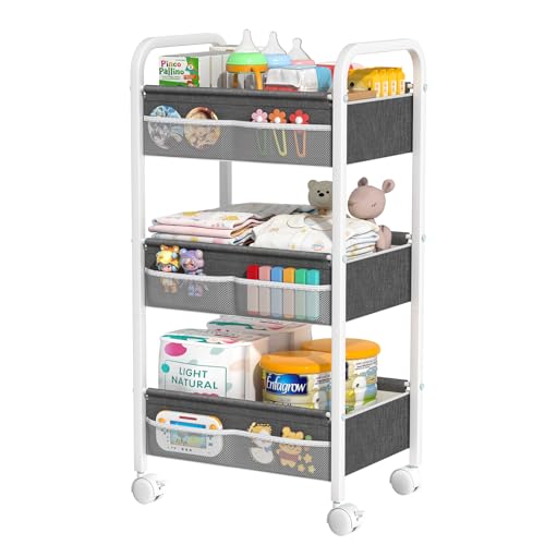Baby Diaper Caddy Rolling Utility Cart, 3 Tier Baby Essentials Nursery Organizer and Storage with Dividers and Drawers for Crib, Bedroom, Art & Craft Organizer (White) - color: White
