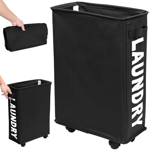 23inch Slim Laundry Basket 44L Rolling Laundry Hamper on Wheels -Collapsible Clothes Hamper with Handle -Freestanding Laundry Bin Narrow Laundry Bag Yoga Mat Storage Racks